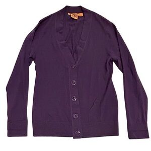 Tory Burch Merino Wool Button-Front Cardigan | Size L | Deep Purple